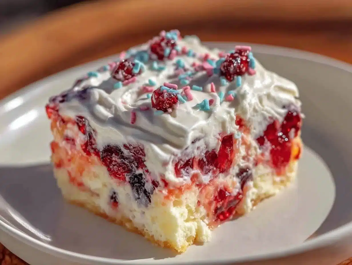 red white and blue layered jello poke cake - featured image